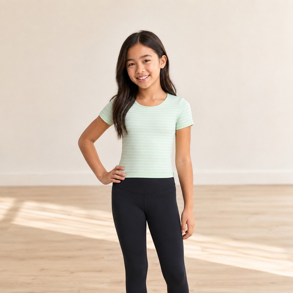 All in Motion Girls Mint Green Striped Ribbed Moisture Wicking Crop Tee Size M 8